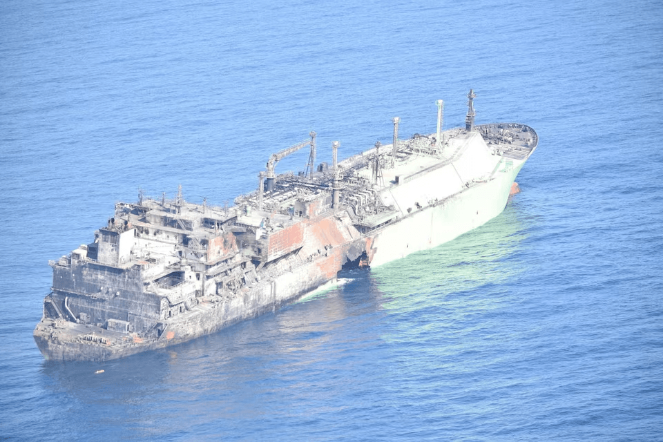 Arctic Metagaz, a Russian LNG tanker damaged earlier this month and now drifting without a crew, floats in international waters between Malta and the Italian islands of Lampedusa and Linosa in this handout image released March 13, 2026. Photo: Marina Militare / Handout via Reuters