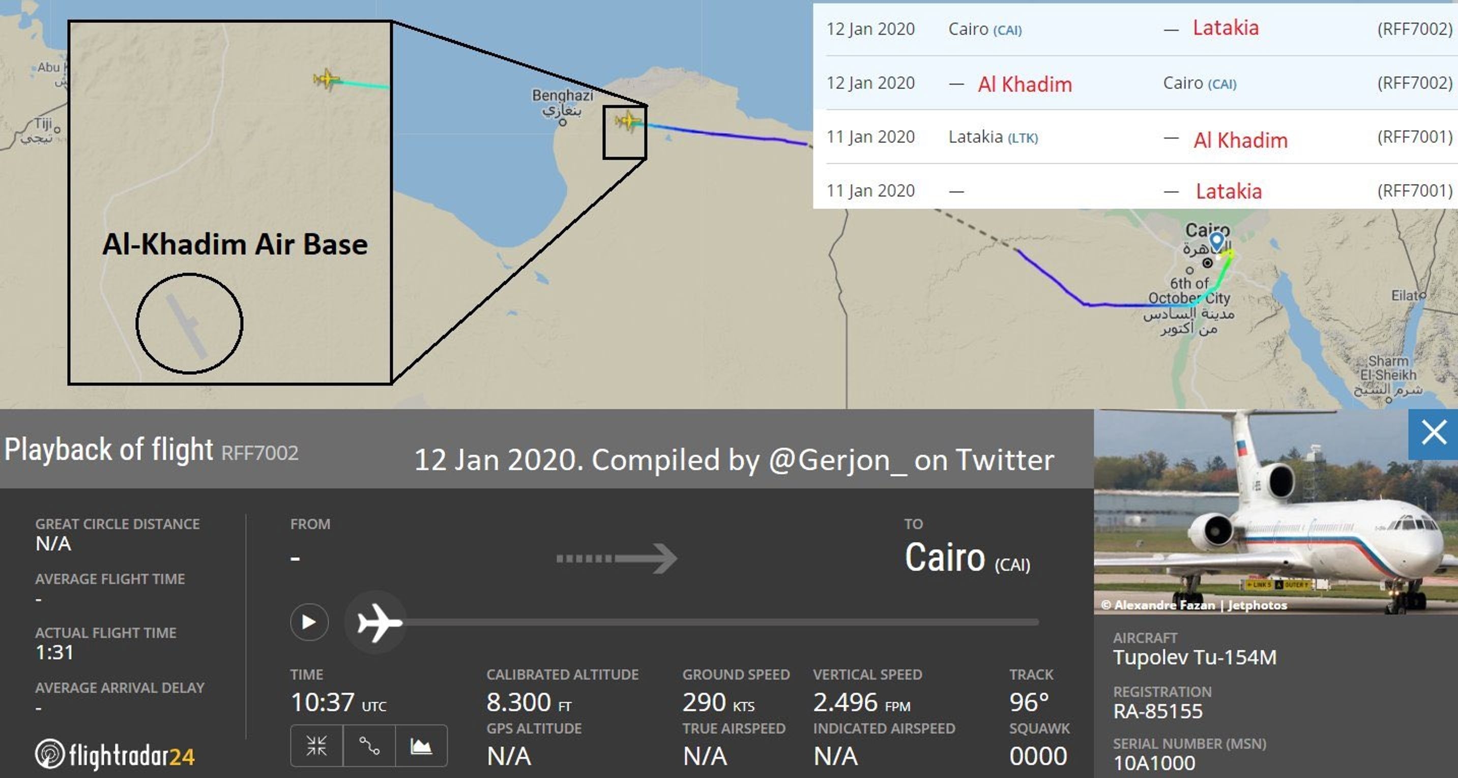 A flight route of Russian Air Force aircraft RA-85155 between Cairo and the Al-Khadim military base in Libya January 2020,