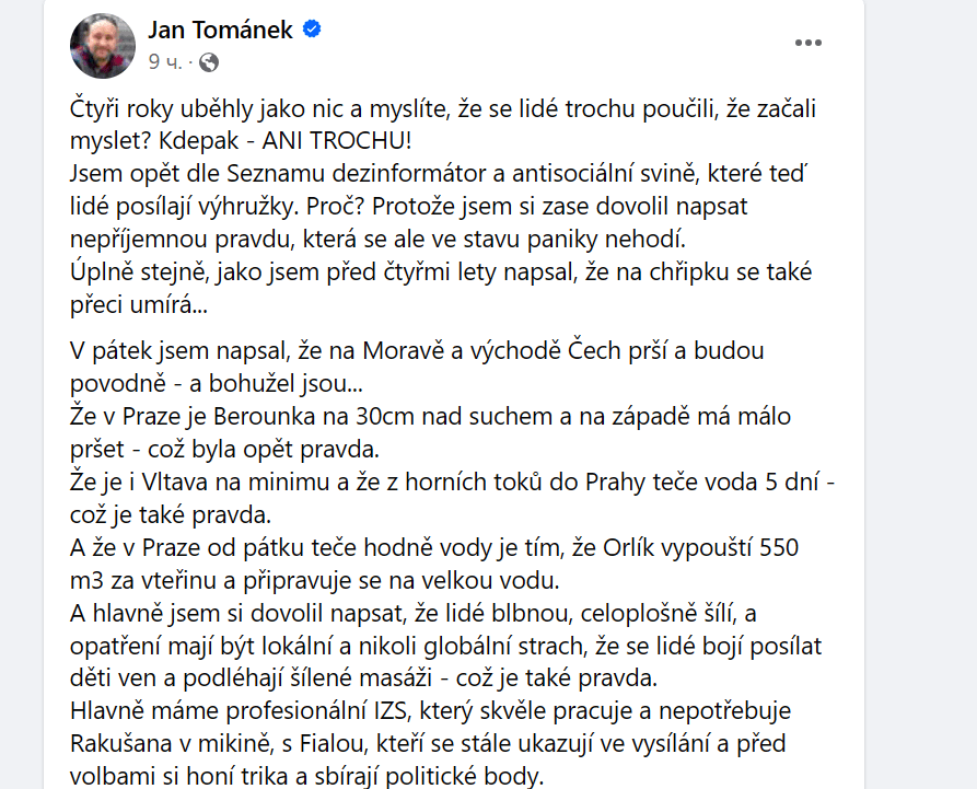 Скриншот со страницы Томанека в Facebook