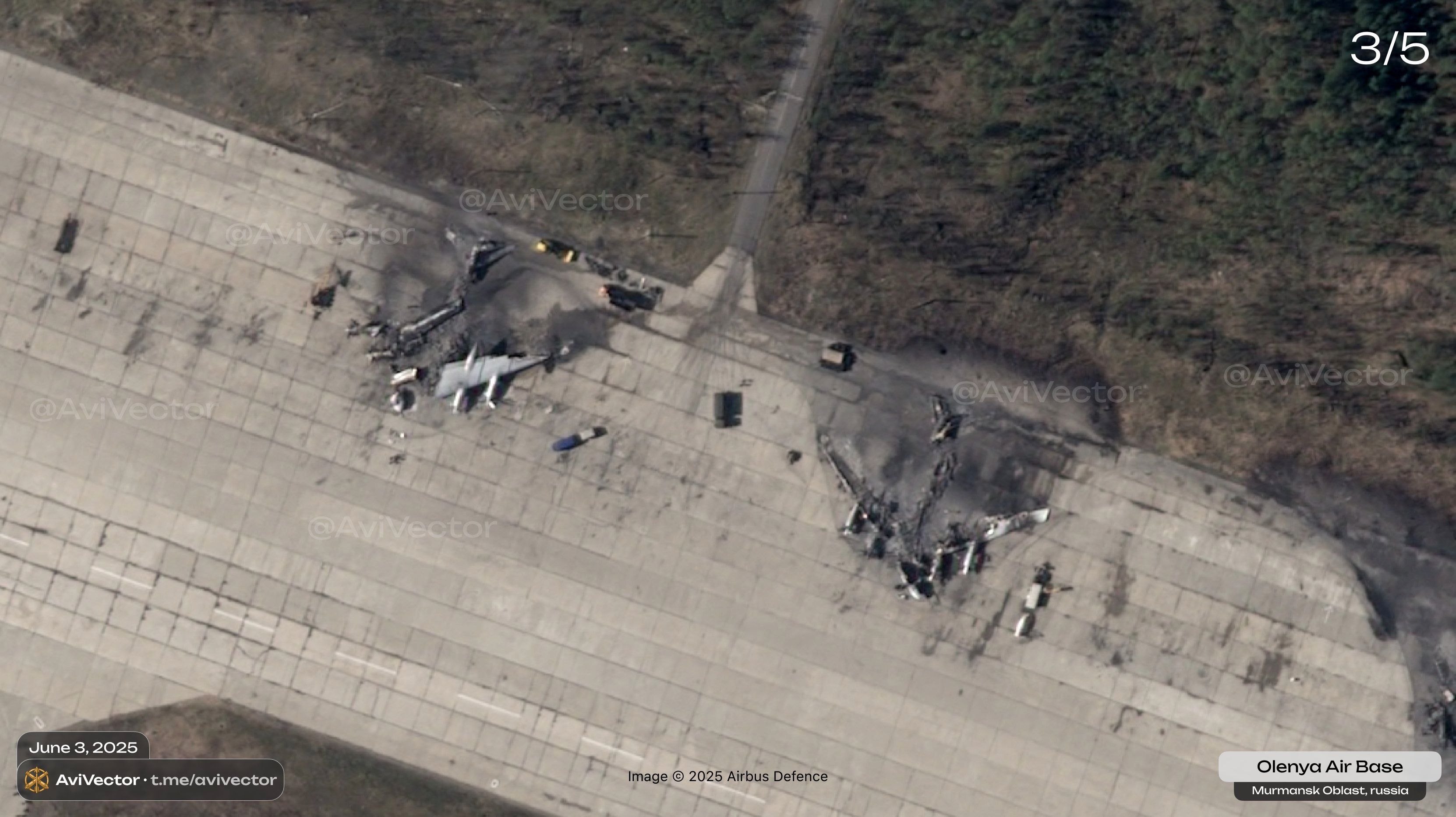 Destroyed Tu-95 strategic bombers at Olenya airfield