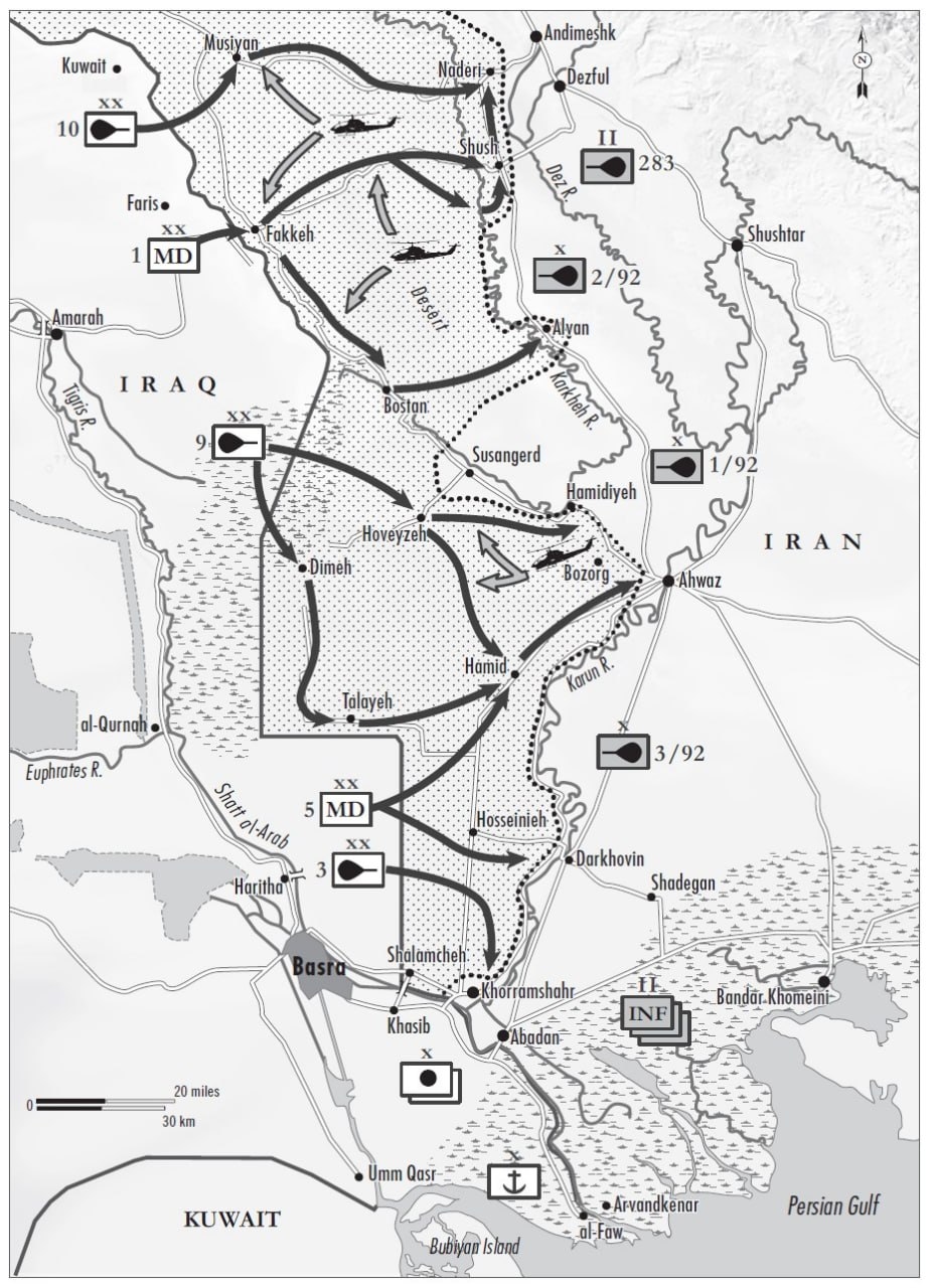 Вторжение Ирака в провинцию Хузестан. Пяти иракским дивизиям на первом этапе противостоят три танковые бригады, танковый батальон и три пехотных батальона