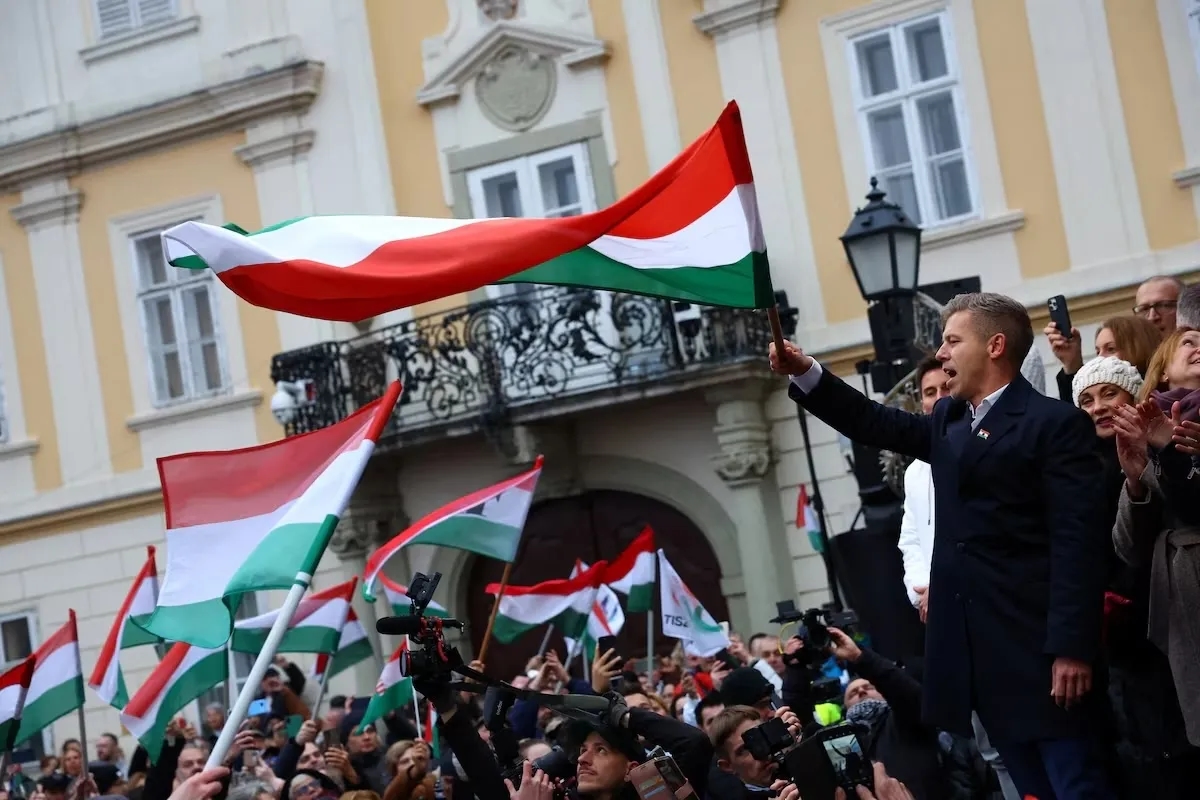 Péter Magyar, leader of the opposition party Tisza, at a campaign rally in November 2025