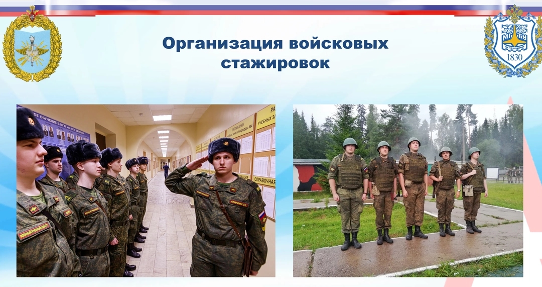 Screenshots of a presentation titled "Organization of military internships"