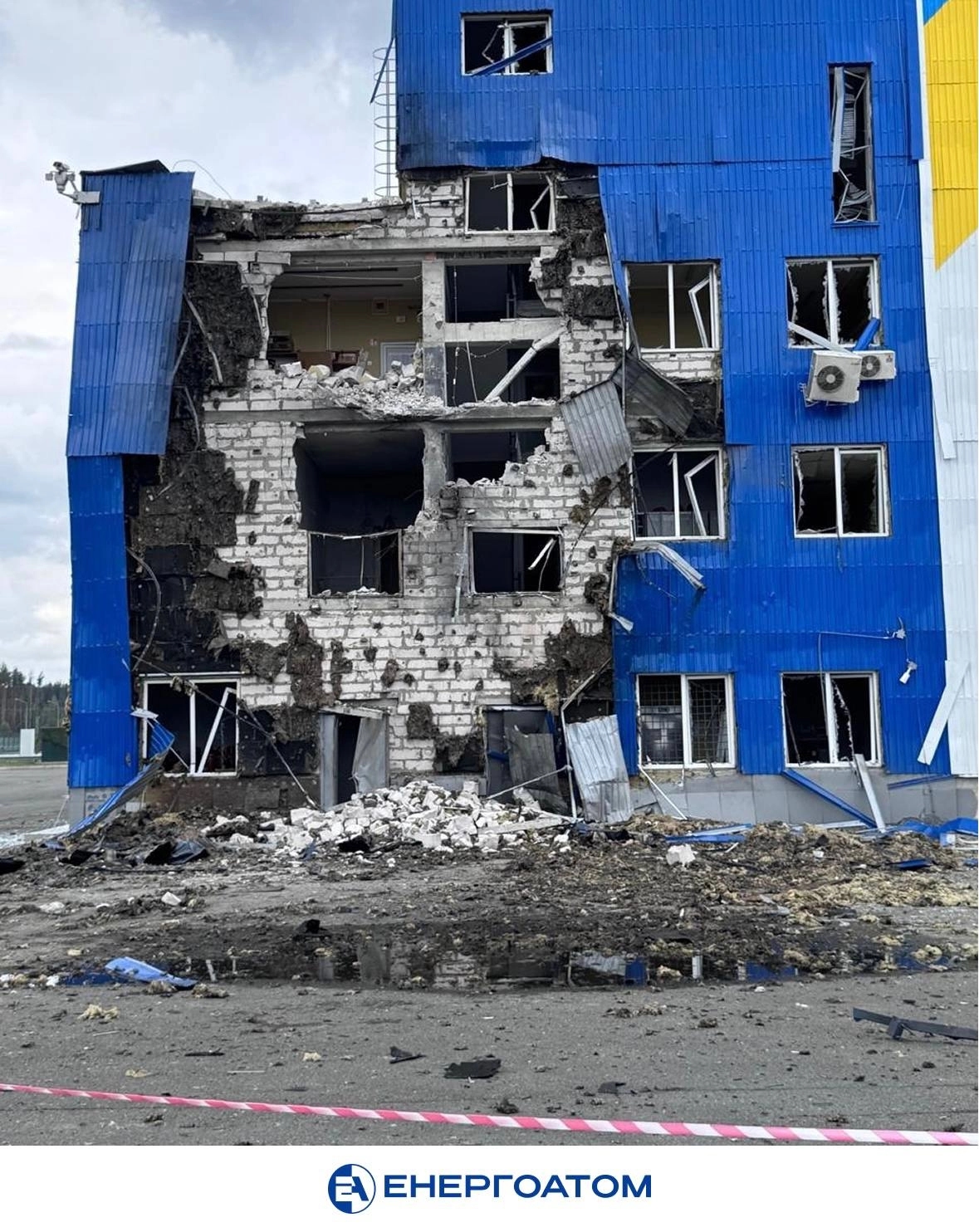 A building damaged by a Russian drone at the Centralized Spent Nuclear Fuel Storage Facility near the Chornobyl Nuclear Power Plant