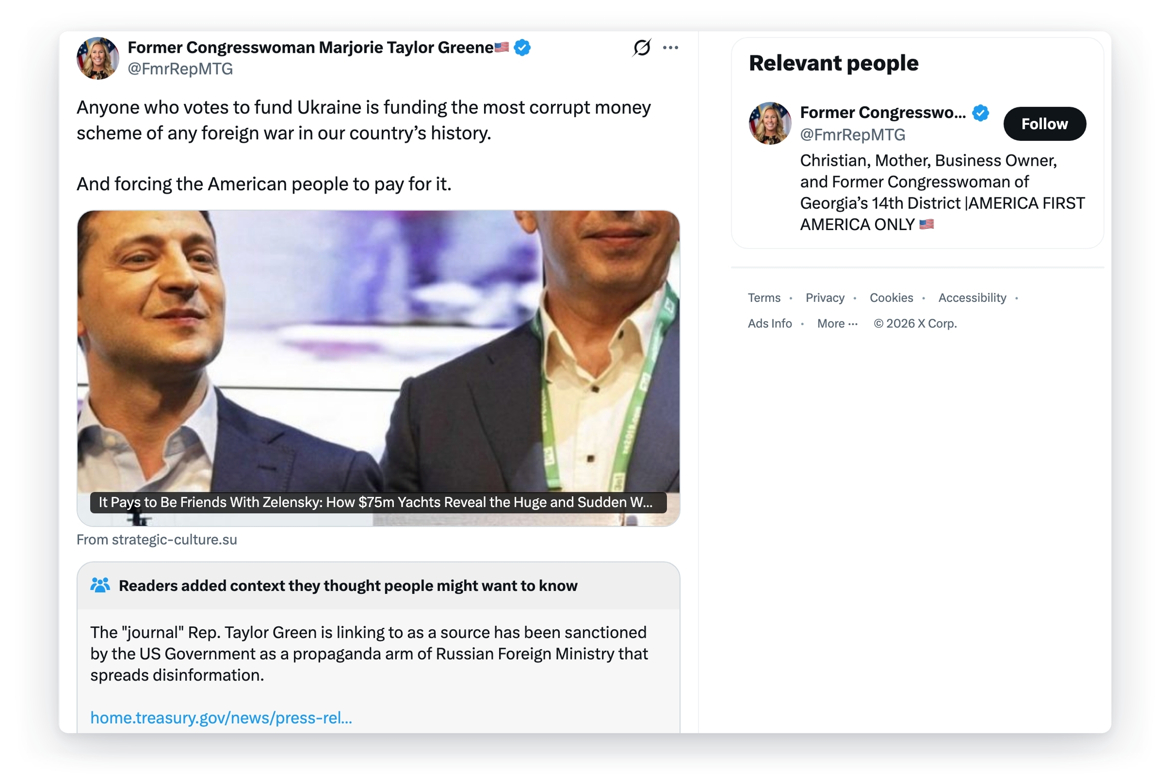 Репост фейка от Doppelgänger в Х-аккаунте конгрессвумен-республиканки Марджори Тейлор Грин