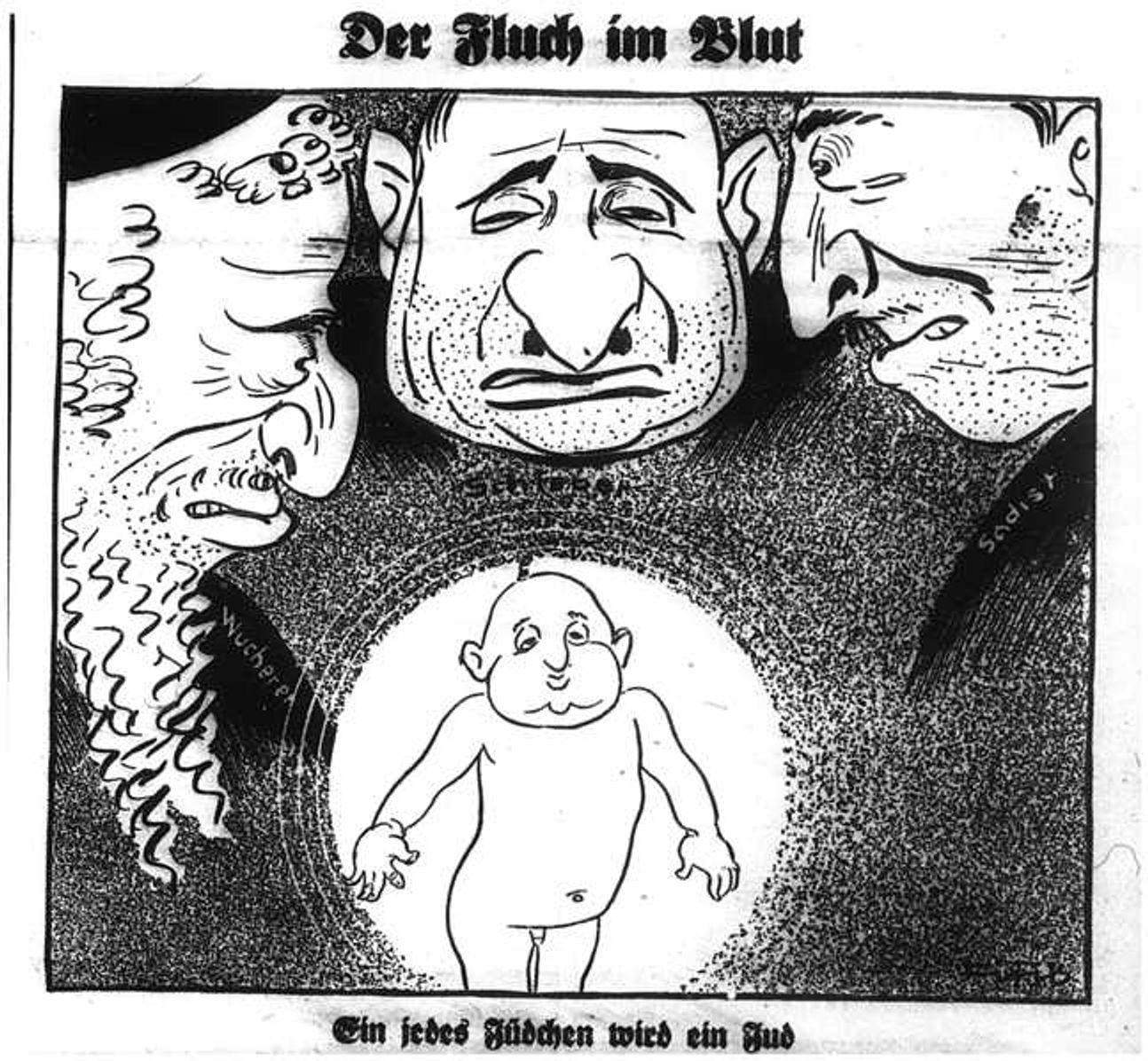 The caricature in Der Stürmer features a caption stating: “Every little Jewish child grows up to be a Jew”