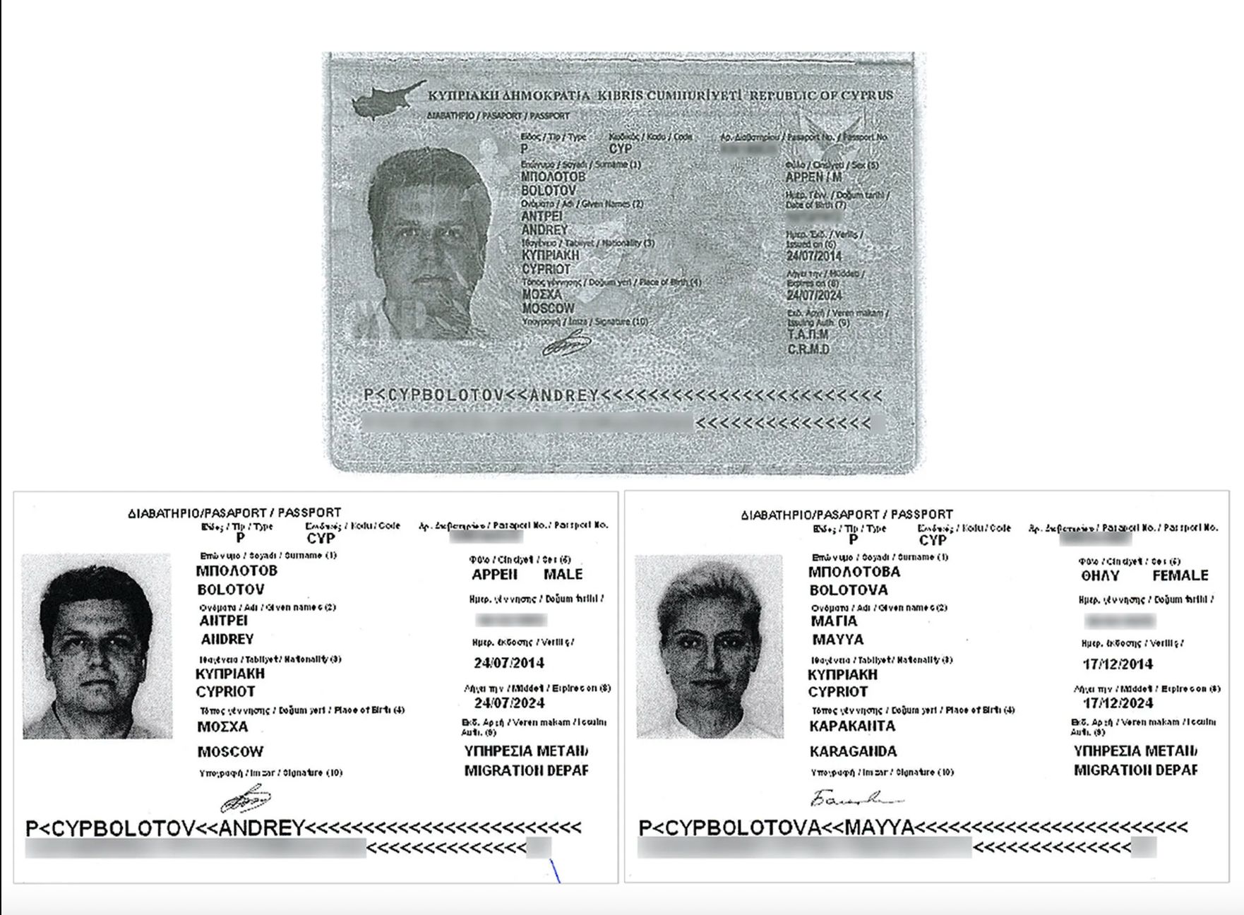 Andrey Bolotov and his ex-wife's Cypriot passports.