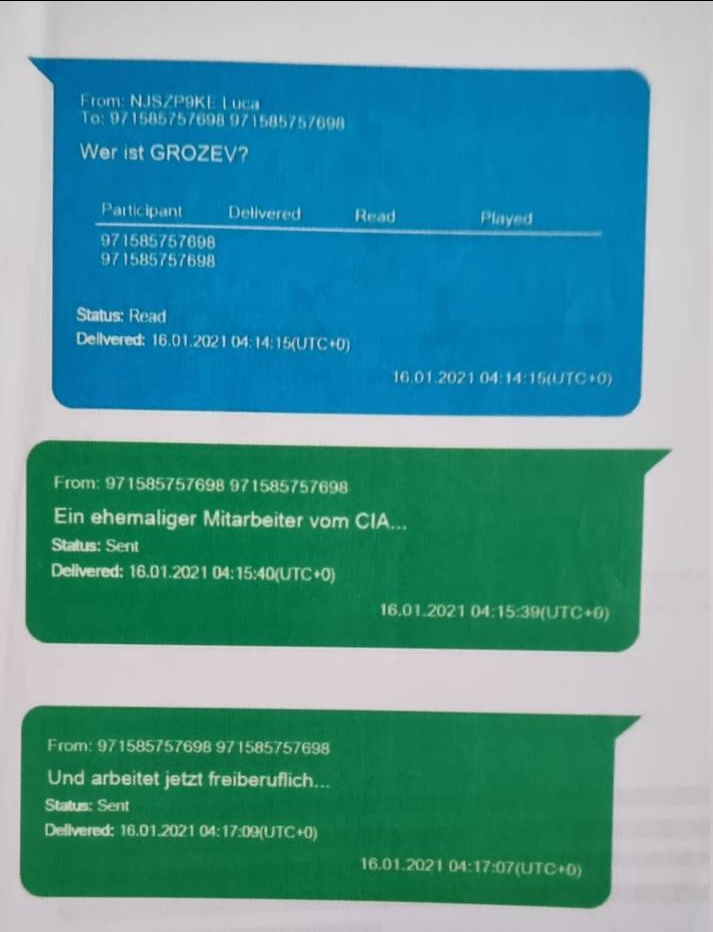 A message from Ott reads “Who is GROZEV?” — to which Weiss replies “A former CIA employee... Now works freelance...”