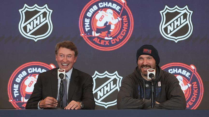Wayne Gretzky (left) and Alexander Ovechkin (right) speak after the Capitals' win over the Chicago Blackhawks, which saw the Russian tie 'The Great One' for most goals in NHL history.
