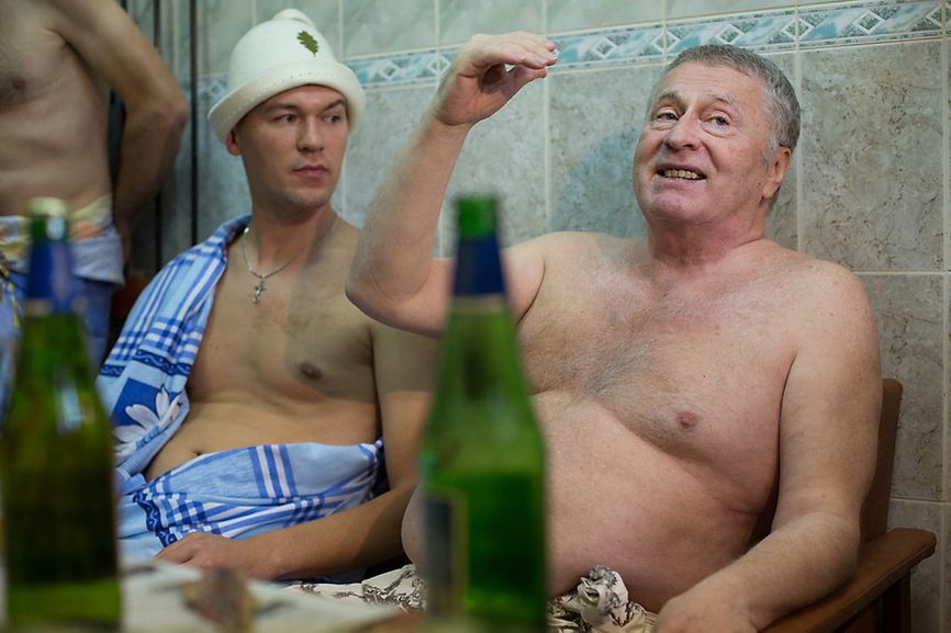 Degtyarov and LDPR leader Vladimir Zhirinovsky in a sauna in 2013. 