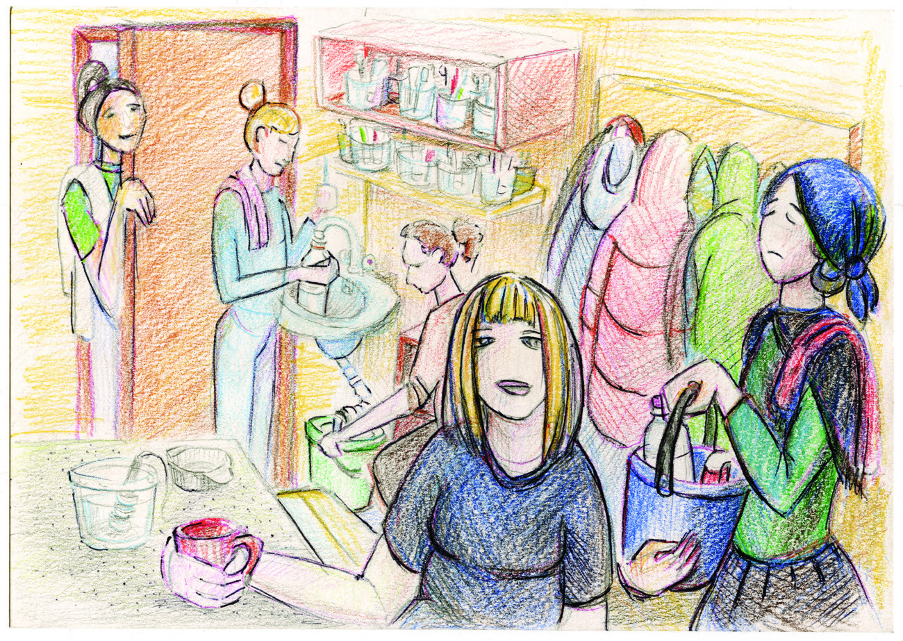 Мытье из бутылки. Рисунок Саши Скочиленко