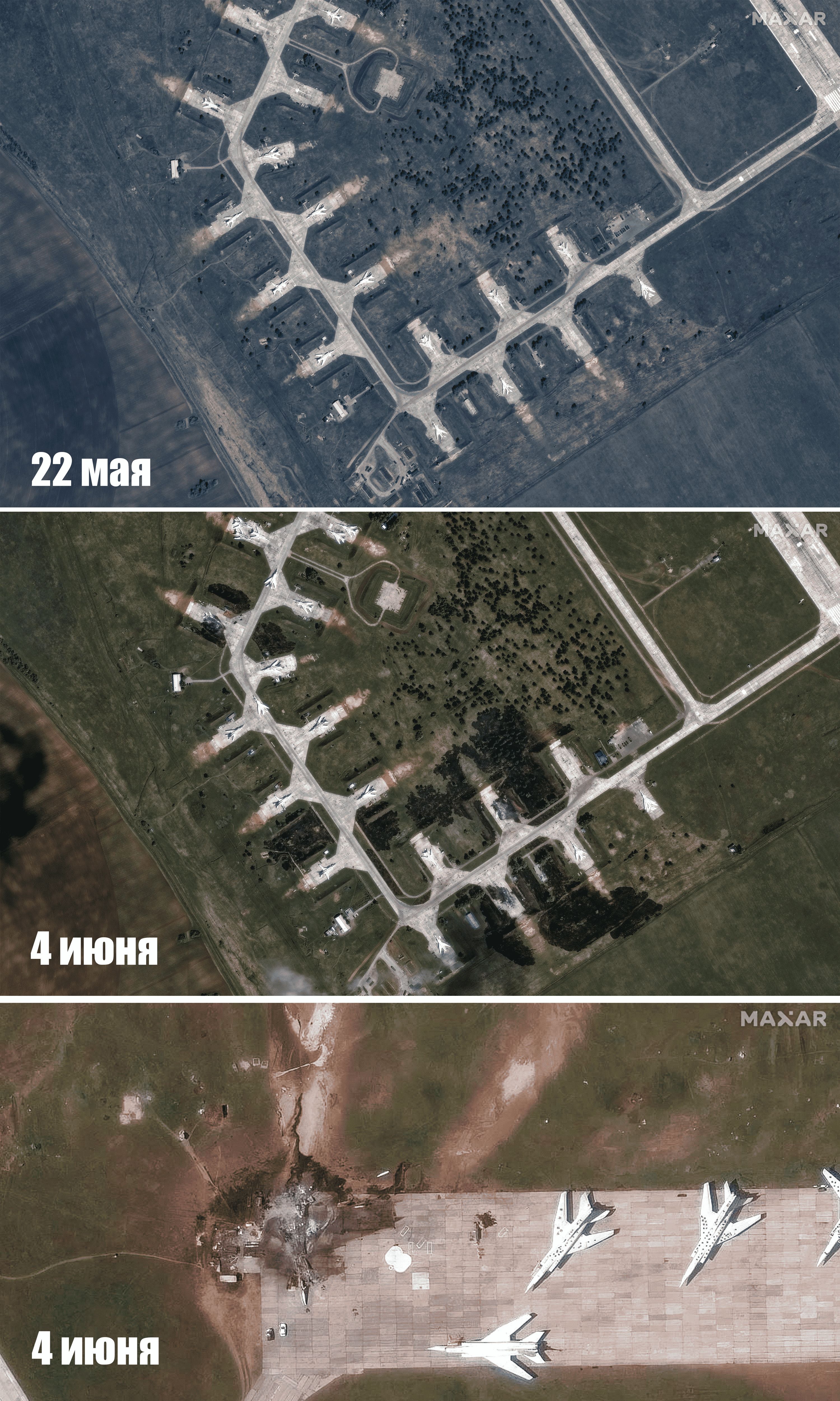Maxar satellite images of Belaya air base captured on May 22 (top) and June 4 (middle and bottom)