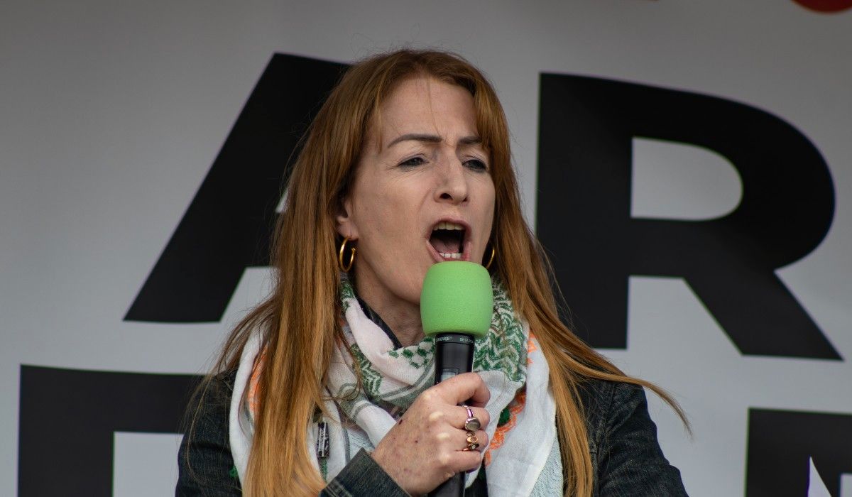 Clare Daly, an MEP from 2019 to 2024, giving a speech at a pro-Palestine demonstration in London.