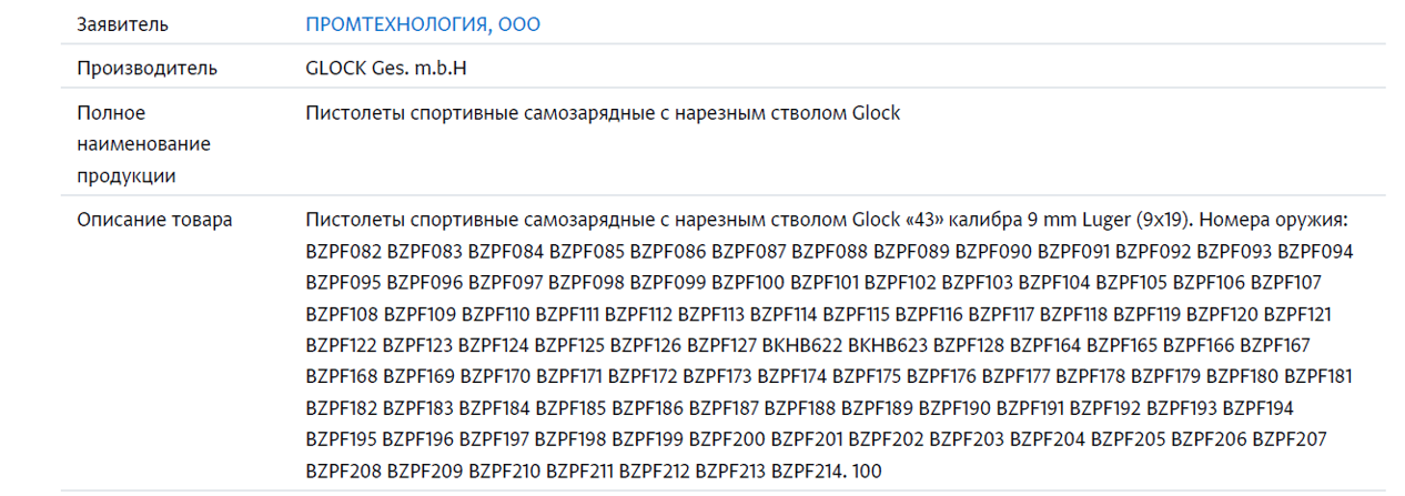 Cкриншот сертификата соответствия с серийными номерами пистолетов Glock