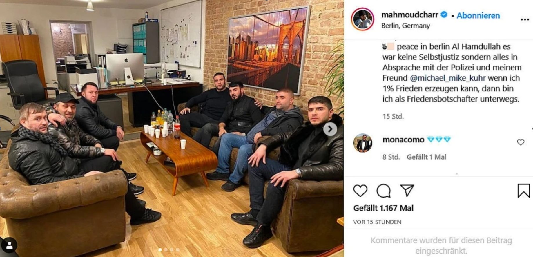 Dugazaev and Charr (center of the photo, embracing) during the reconciliation of Arab and Chechen groups in Germany