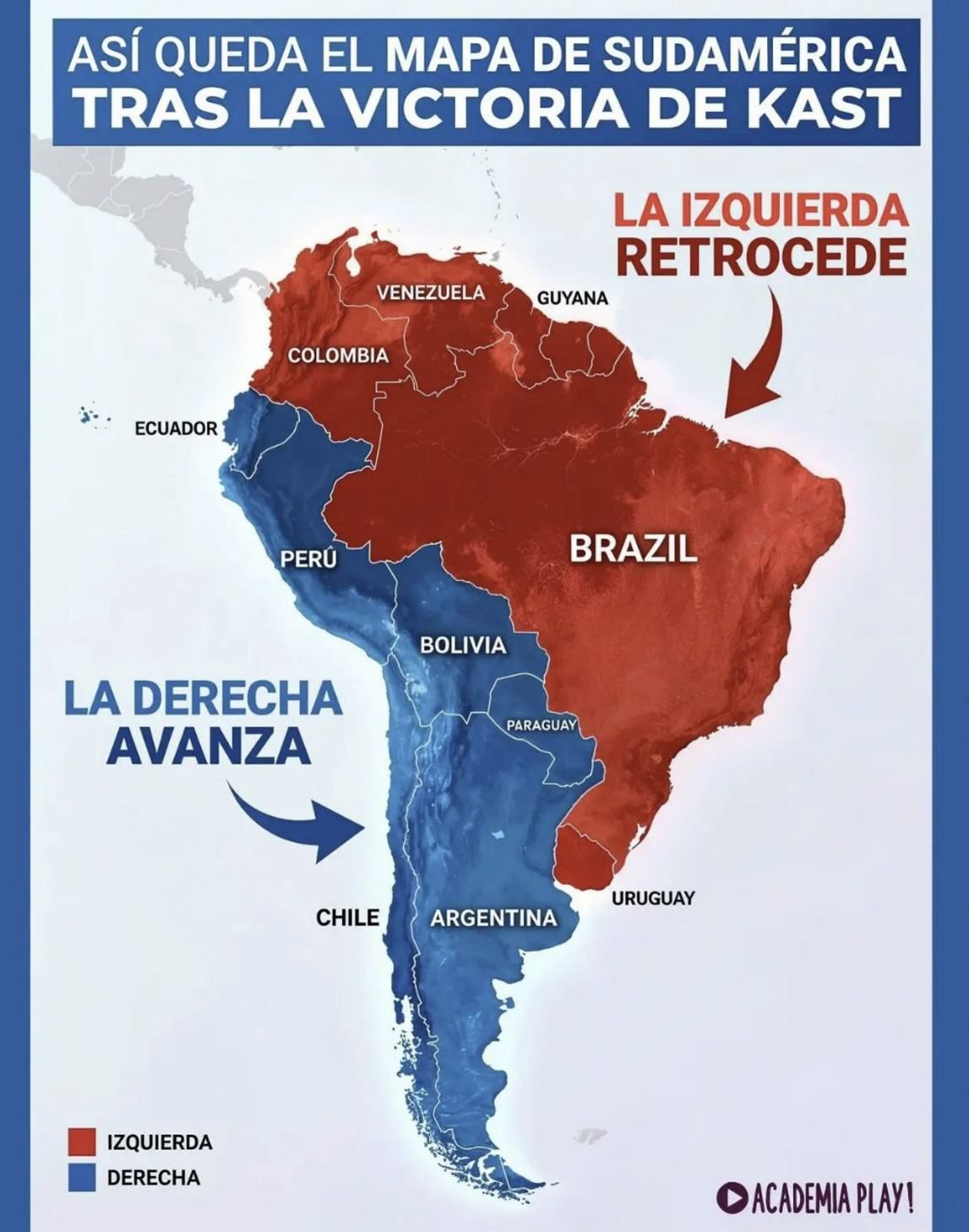 Political map of South America. Left-wing governments are marked in red, right-wing governments in blue