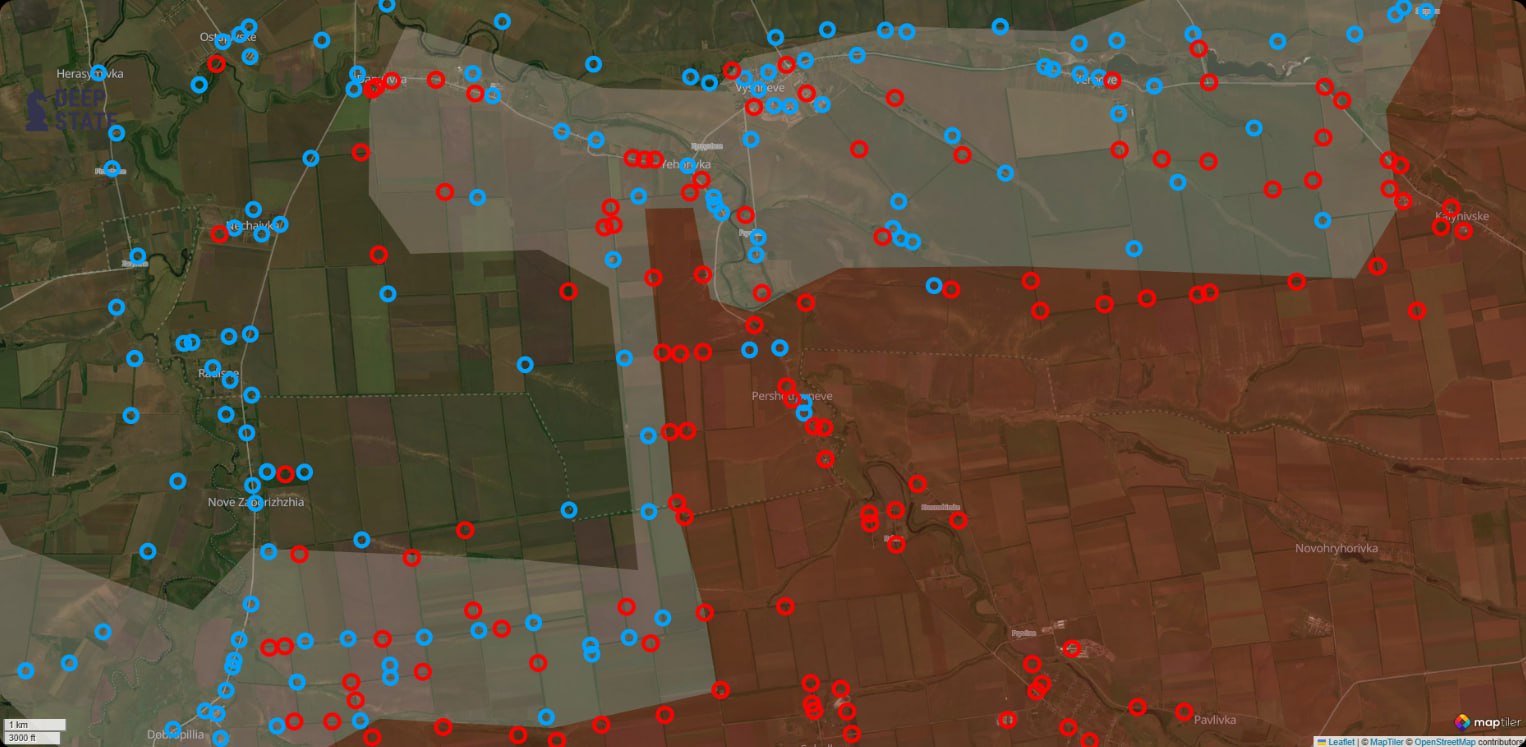 Расположение украинских (показаны синим) и российских позиций (показаны красным) на северном фланге южно-донецкого направления по версии исследователя под ником Playfra