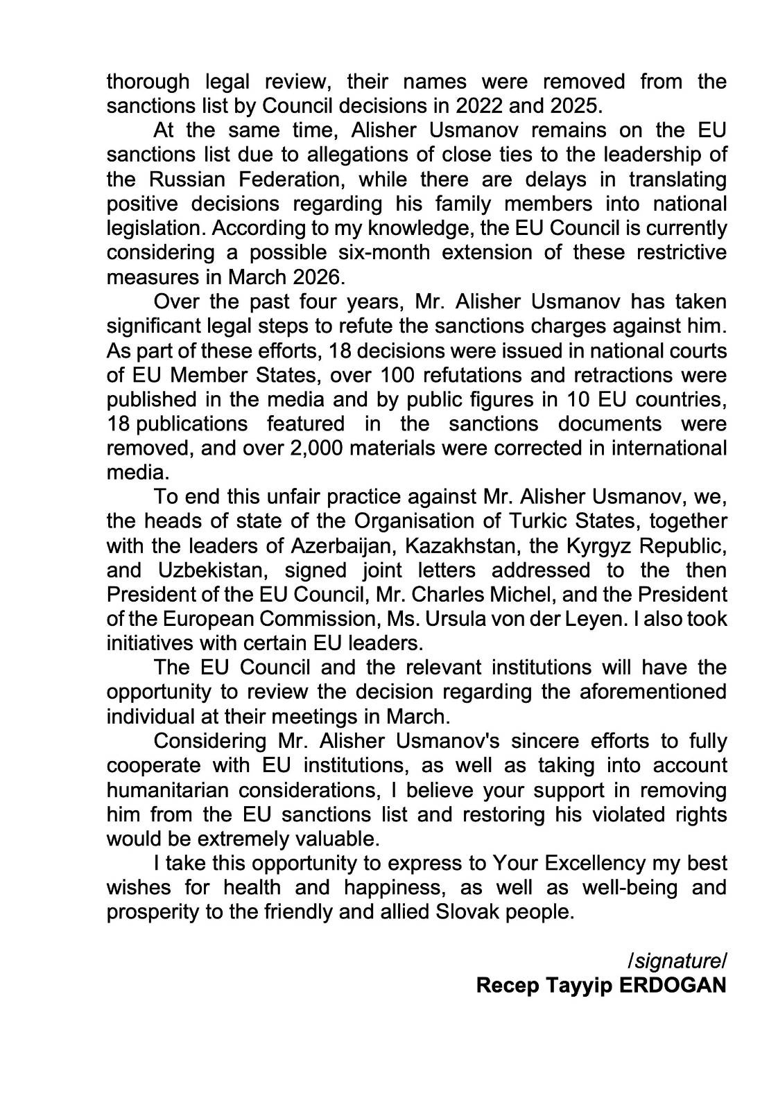 Erdogan's letter to Slovak Prime Minister Robert Fico