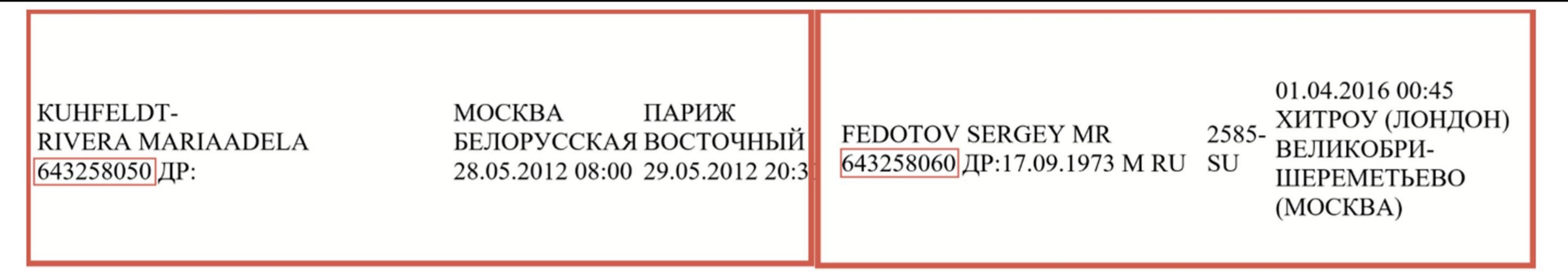 A comparison of Maria Adela Rivera Kuhfeldt’s (left) and Sergei Fedotov’s (right) passport details