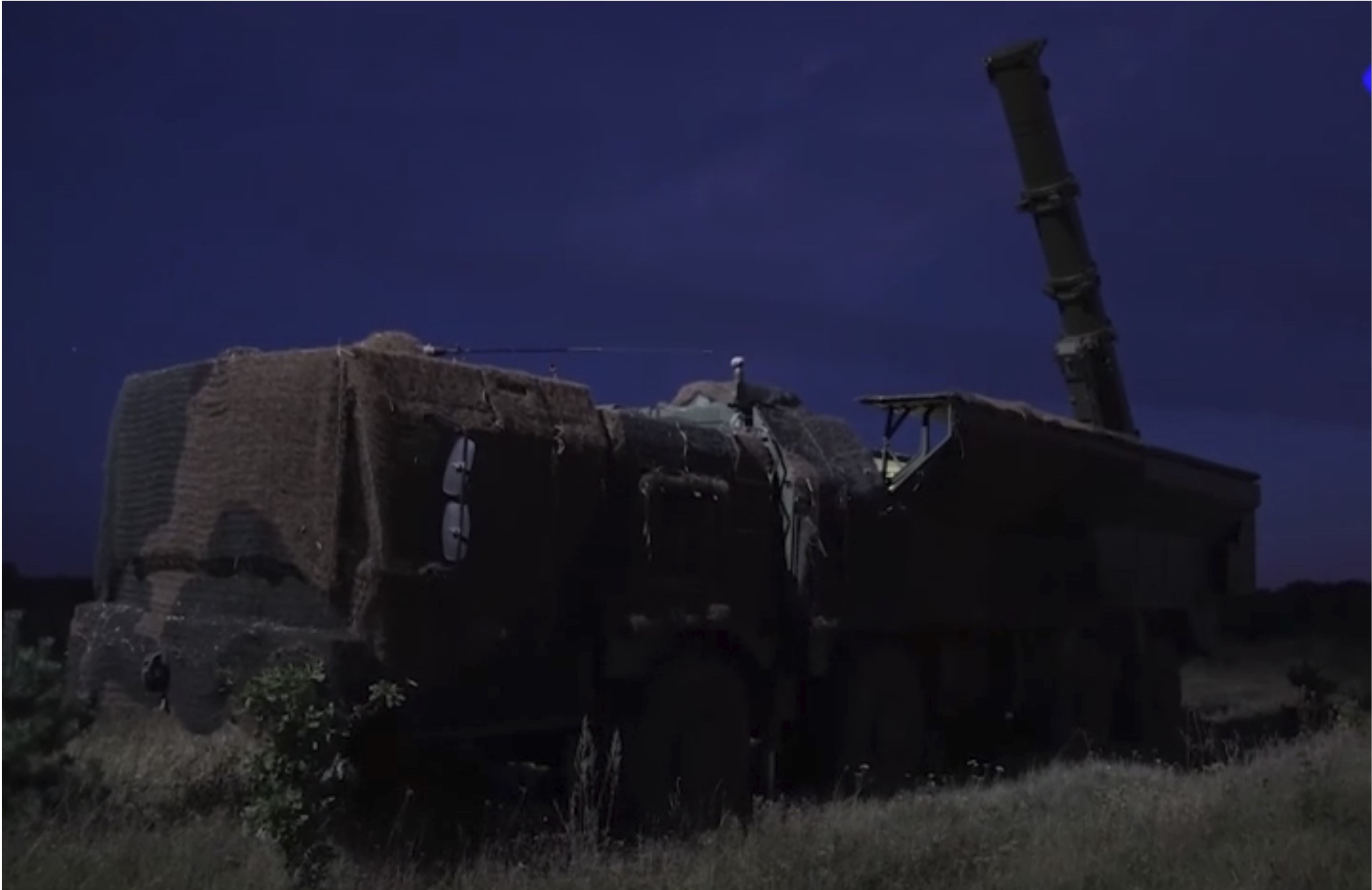 Screenshot of a video distributed by the Russian Ministry of Defense showing a night launch of an Iskander missile